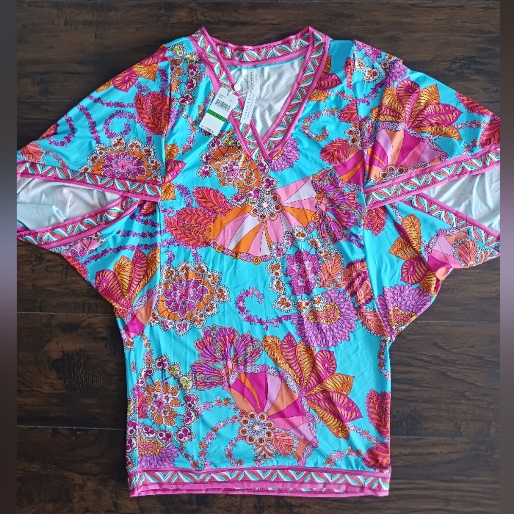 Trina Turk Colorful Floral V-Neck Blouse - Pink and Orange